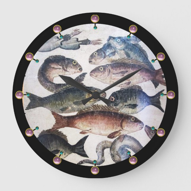 ANTIQUE ROMAN MOSAICS, FISHES,OCEAN SEA LIFE SCENE LARGE CLOCK (Front)