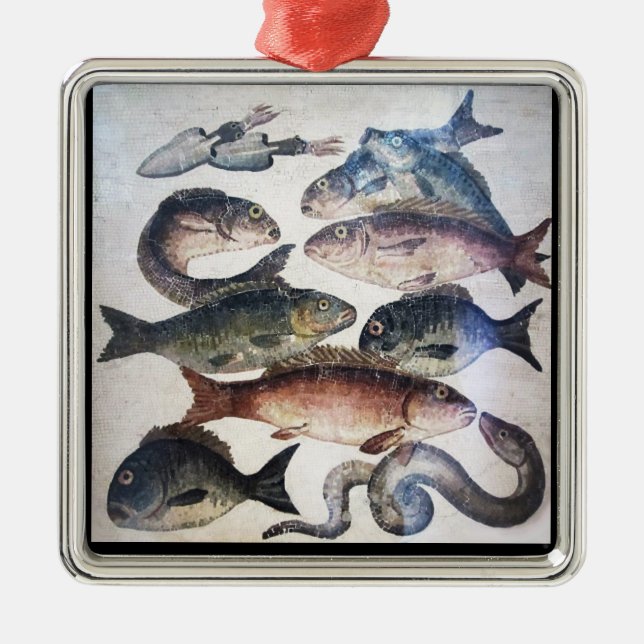 ANTIQUE ROMAN MOSAICS, FISHES,OCEAN SEA LIFE SCENE METAL TREE DECORATION (Front)