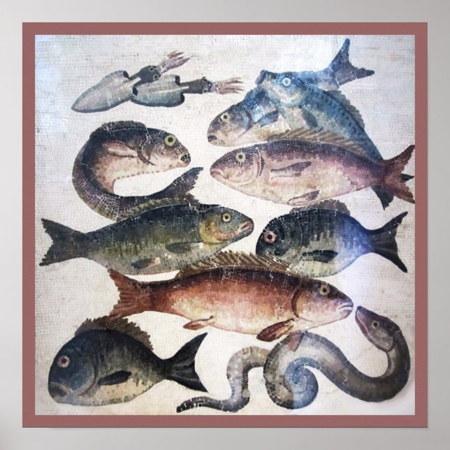 ANTIQUE ROMAN MOSAICS, FISHES,OCEAN SEA LIFE SCENE POSTER (Front)