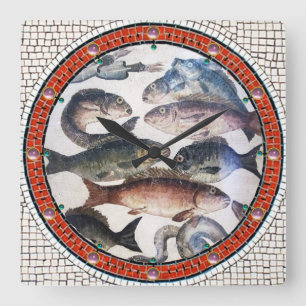 ANTIQUE ROMAN MOSAICS, FISHES,OCEAN SEA LIFE SCENE SQUARE WALL CLOCK