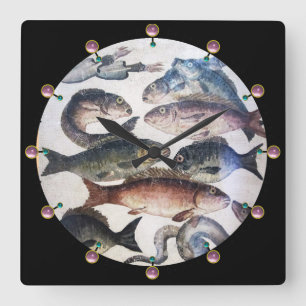 ANTIQUE ROMAN MOSAICS, FISHES,OCEAN SEA LIFE SCENE SQUARE WALL CLOCK