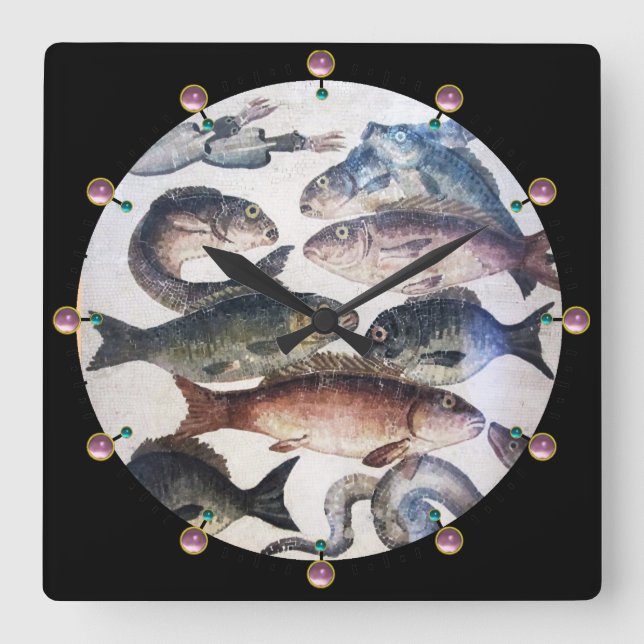 ANTIQUE ROMAN MOSAICS, FISHES,OCEAN SEA LIFE SCENE SQUARE WALL CLOCK (Front)