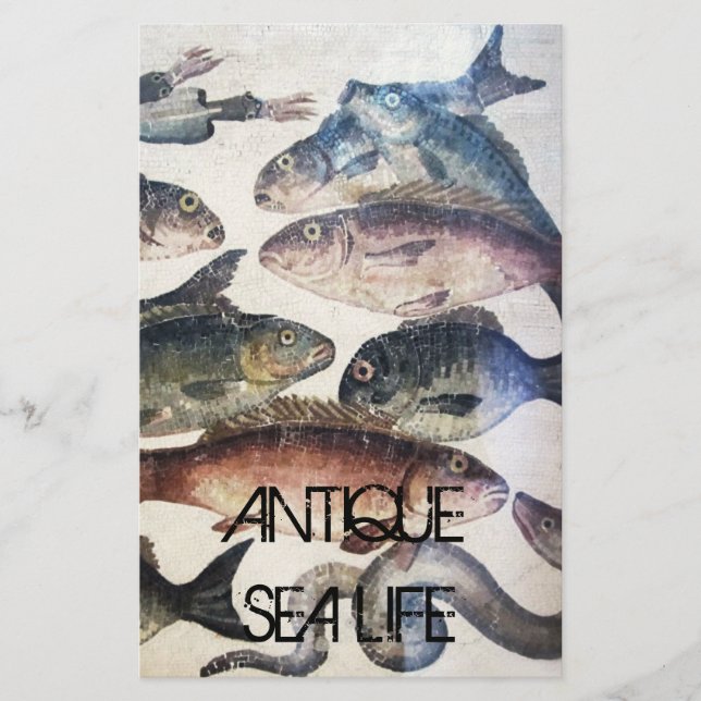 ANTIQUE ROMAN MOSAICS, FISHES,OCEAN SEA LIFE SCENE STATIONERY (Front)