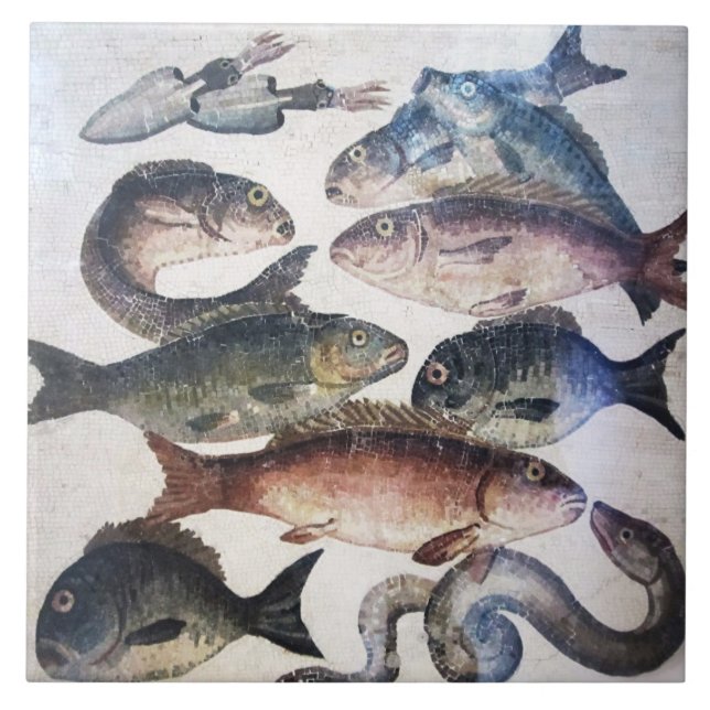 ANTIQUE ROMAN MOSAICS, FISHES,OCEAN SEA LIFE SCENE TILE (Front)