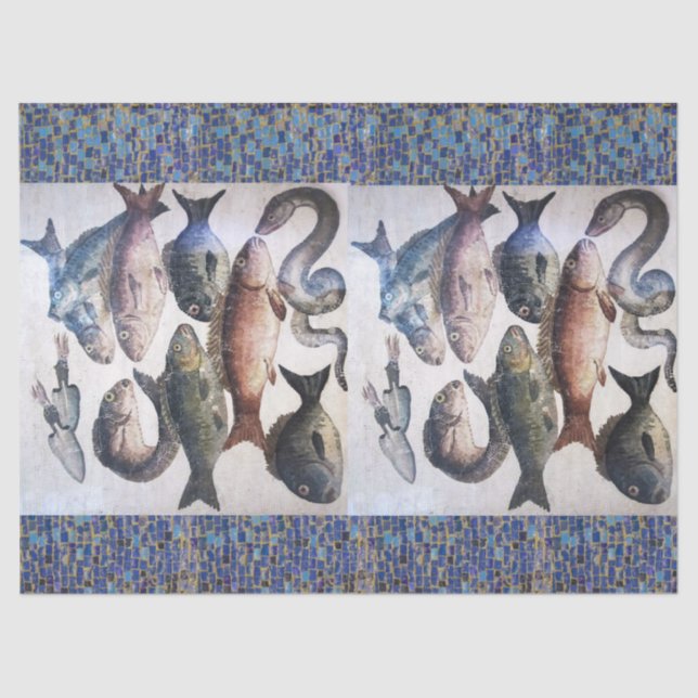 ANTIQUE ROMAN MOSAICS,FISHES,OCEAN SEA LIFE SCENE TISSUE PAPER (Front)