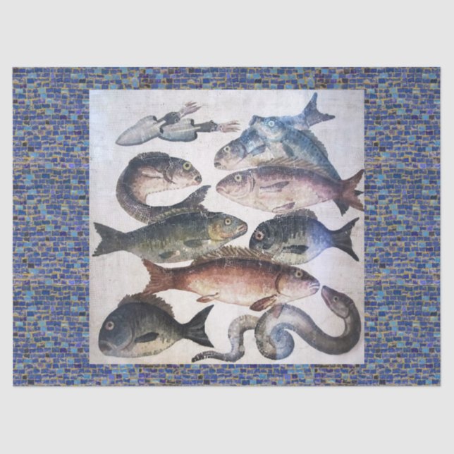 ANTIQUE ROMAN MOSAICS,FISHES,OCEAN SEA LIFE SCENE TISSUE PAPER (Front)