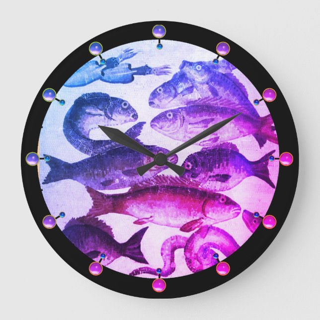 ANTIQUE ROMAN MOSAICS,FISHES SEA LIFE Pink Blue Large Clock (Front)
