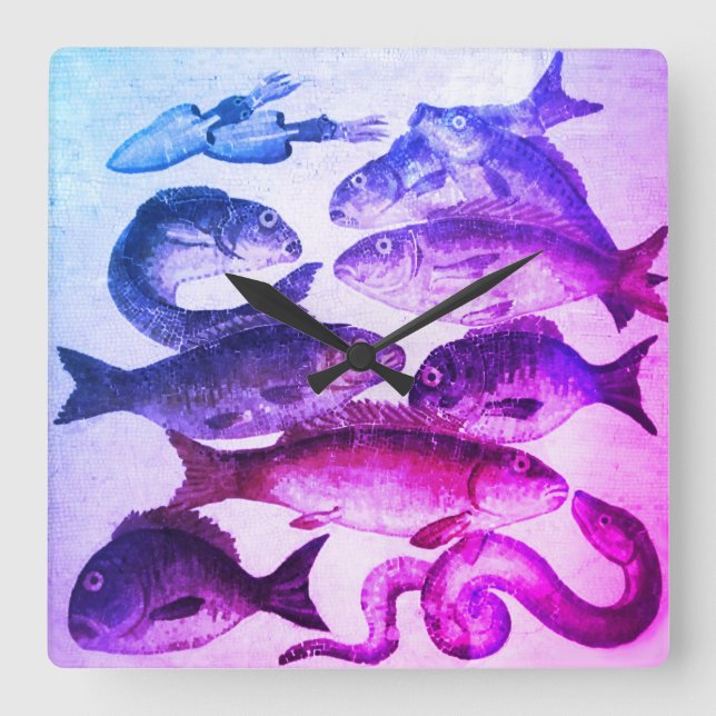 ANTIQUE ROMAN MOSAICS,FISHES SEA LIFE Pink Blue Square Wall Clock (Front)