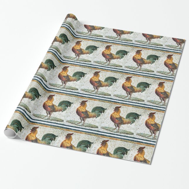 ANTIQUE ROMAN MOSAICS / ROOSTERS WRAPPING PAPER (Unrolled)