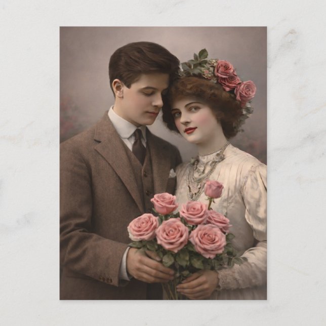Antique Romantic Couple Postcard with Roses  (Front)