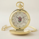 Antique Romantic Roses and Filigree Pocket Watch<br><div class="desc">Dainty cluster of pink antique roses in gold engraved filigree frame on neutral artisan French postcard typography background with optional faux gold Roman numerals.</div>