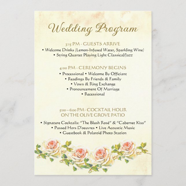 Antique Rose 5 x 7 Wedding Program Flat Programme (Front)