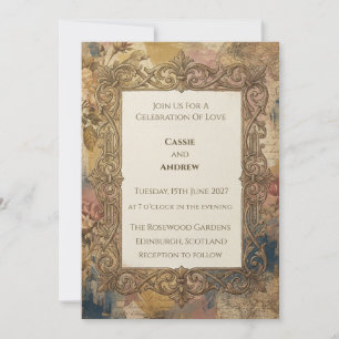 Antique Rose Blue Baroque Frame Wedding Invite
