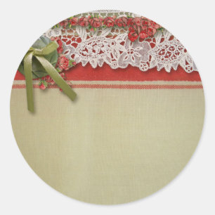 Antique Rose Lace Rustic Red Victorian Burlap Classic Round Sticker