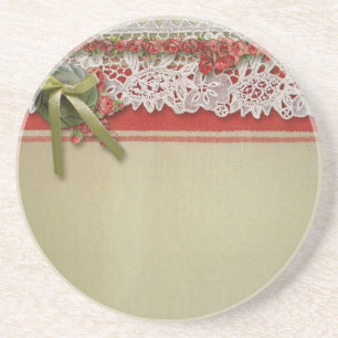 Antique Rose Lace Rustic Red Victorian Burlap Coaster