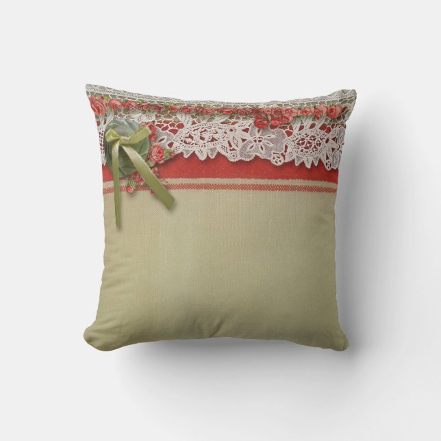 Antique Rose Lace Rustic Red Victorian Burlap Cushion (Front)