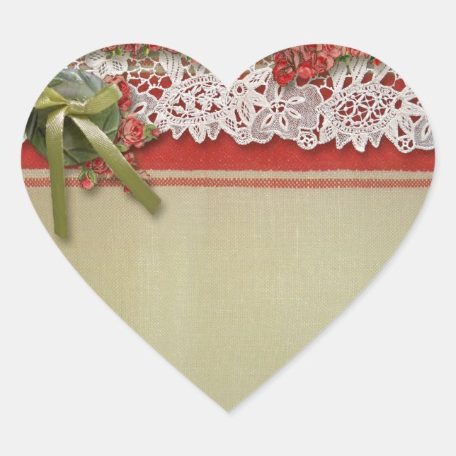 Antique Rose Lace Rustic Red Victorian Burlap Heart Sticker (Front)