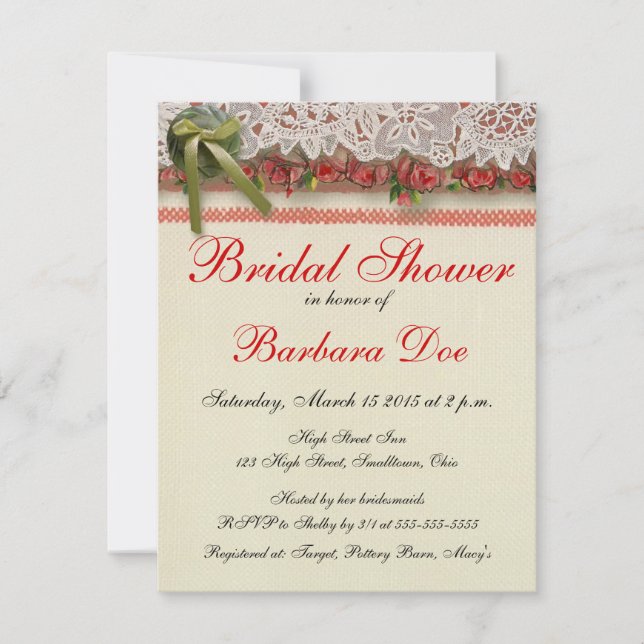 Antique Rose Lace Rustic Red Victorian Burlap Invitation (Front)