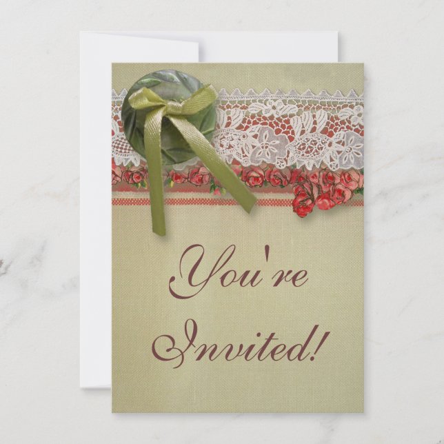 Antique Rose Lace Rustic Red Victorian Burlap Invitation (Front)