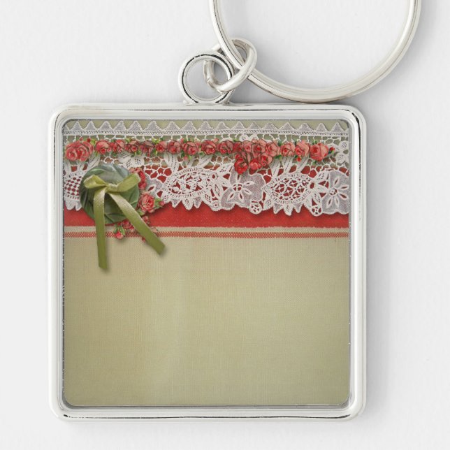Antique Rose Lace Rustic Red Victorian Burlap Key Ring (Front)