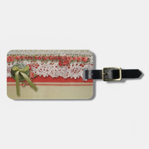 Antique Rose Lace Rustic Red Victorian Burlap Luggage Tag