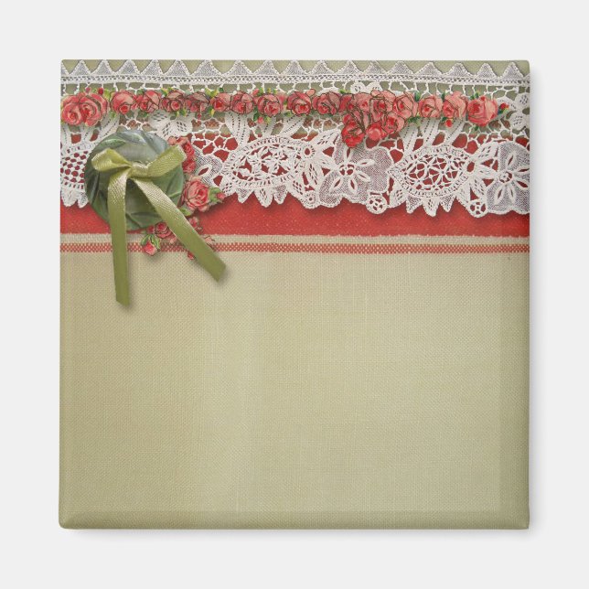 Antique Rose Lace Rustic Red Victorian Burlap Magnet (Front)