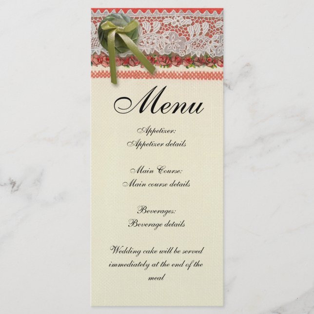 Antique Rose Lace Rustic Red Victorian Burlap Menu (Front)