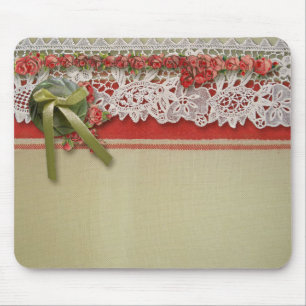 Antique Rose Lace Rustic Red Victorian Burlap Mouse Mat