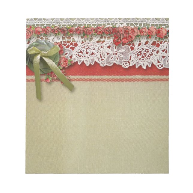Antique Rose Lace Rustic Red Victorian Burlap Notepad (Front)