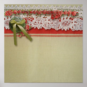 Antique Rose Lace Rustic Red Victorian Burlap Poster