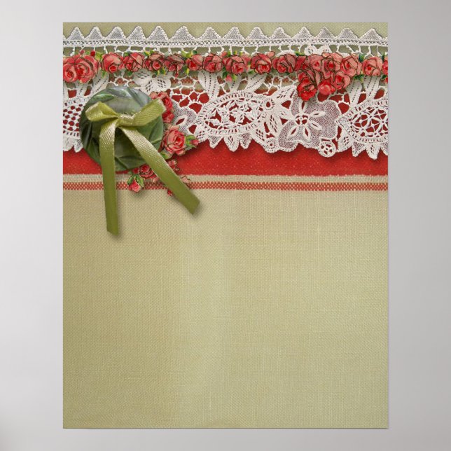 Antique Rose Lace Rustic Red Victorian Burlap Poster (Front)