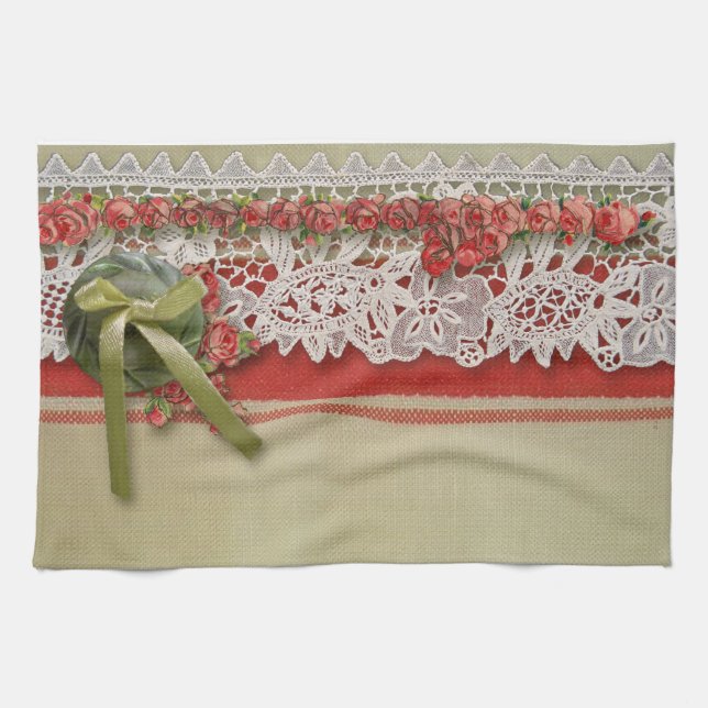 Antique Rose Lace Rustic Red Victorian Burlap Tea Towel (Horizontal)
