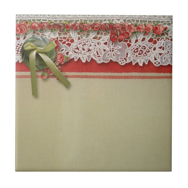 Antique Rose Lace Rustic Red Victorian Burlap Tile (Front)