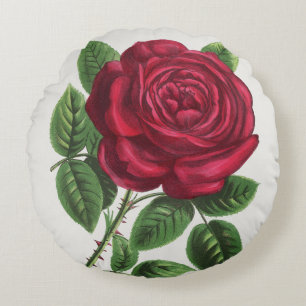 Antique Rose Lithograph, François-Frédéric Grobon Round Cushion