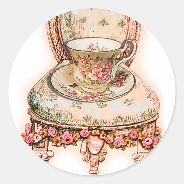 Antique Rose Teacup and Victorian Chair Classic Round Sticker (Front)