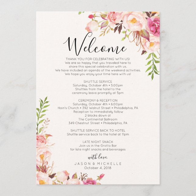 Antique Rose Wedding Itinerary - Guest Agenda Programme (Front)