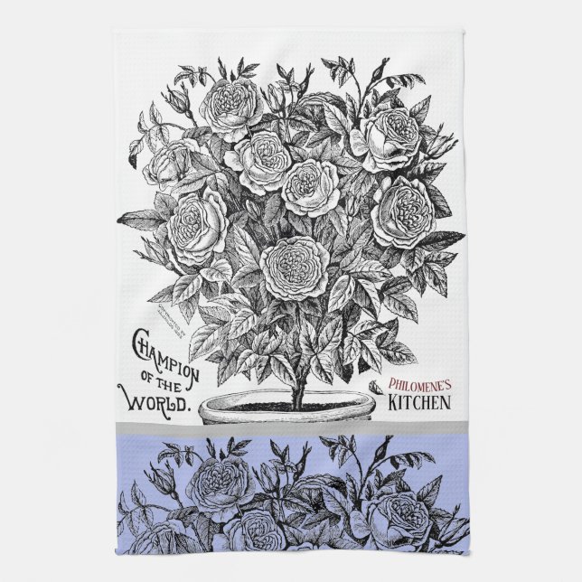 Antique Rosebush - Your Choice of Text Periwinkle Tea Towel (Vertical)