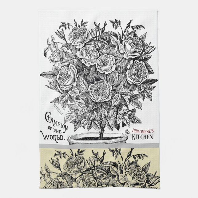 Antique Rosebush - Your Choice of Text Tea Towel (Vertical)