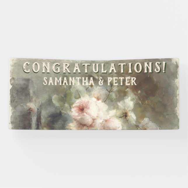 Antique Roses Elegant Soft Pink Watercolor Floral Banner (Horizontal)