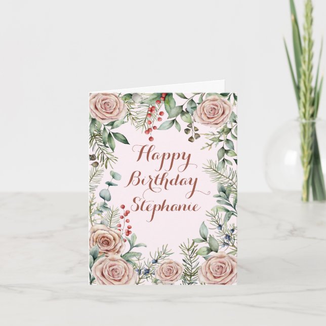 Antique Roses Eucalyptus Pink Floral Watercolor Card (Front)