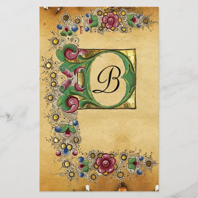 ANTIQUE ROSES MEDIEVAL FLORAL PARCHMENT MONOGRAM STATIONERY (Front)