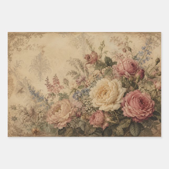 ANTIQUE ROSES ON PARCHMENT DESIGN WRAPPING PAPER SHEET (Front)