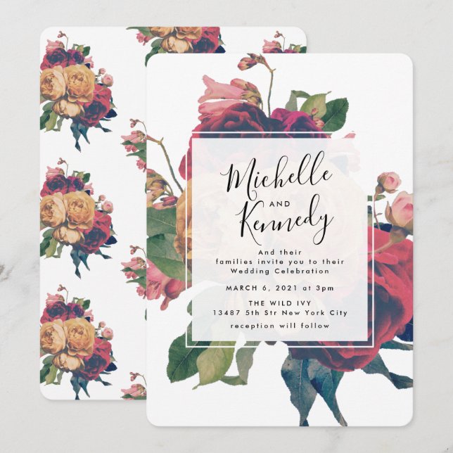 Antique Roses Vintage Bohemian Wedding Invitation (Front/Back)