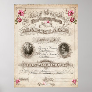 Antique Roses Vintage Marriage Certificate Poster