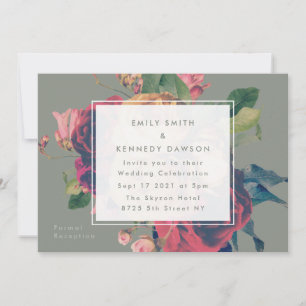 Antique Roses Vintage Moss Green Wedding Invitation