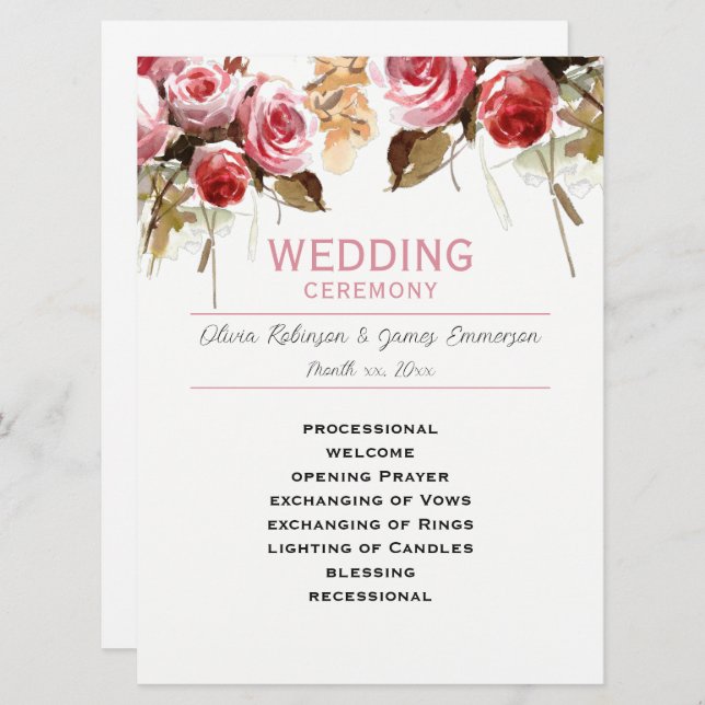Antique Roses Watercolor Pink Wedding Programme (Front/Back)
