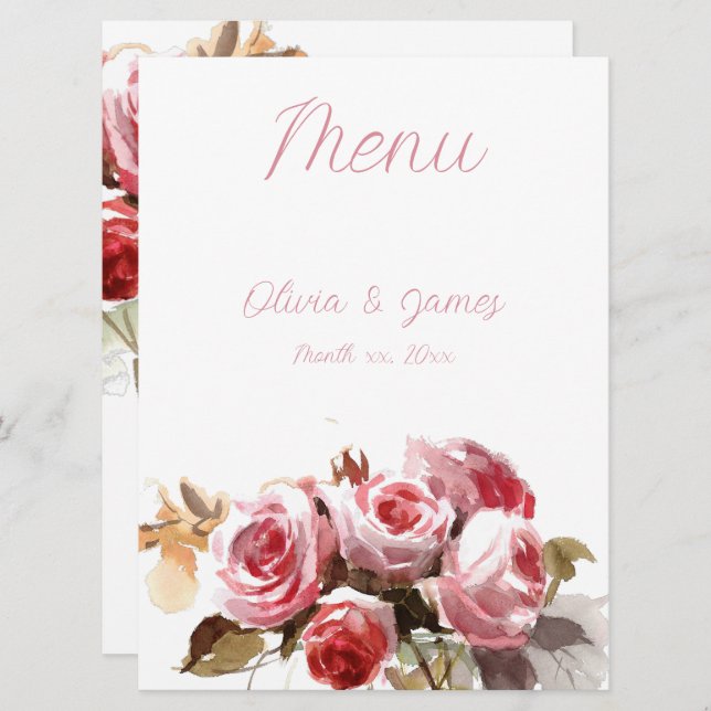 Antique Roses Watercolor Pink Wedding Reception Menu (Front/Back)