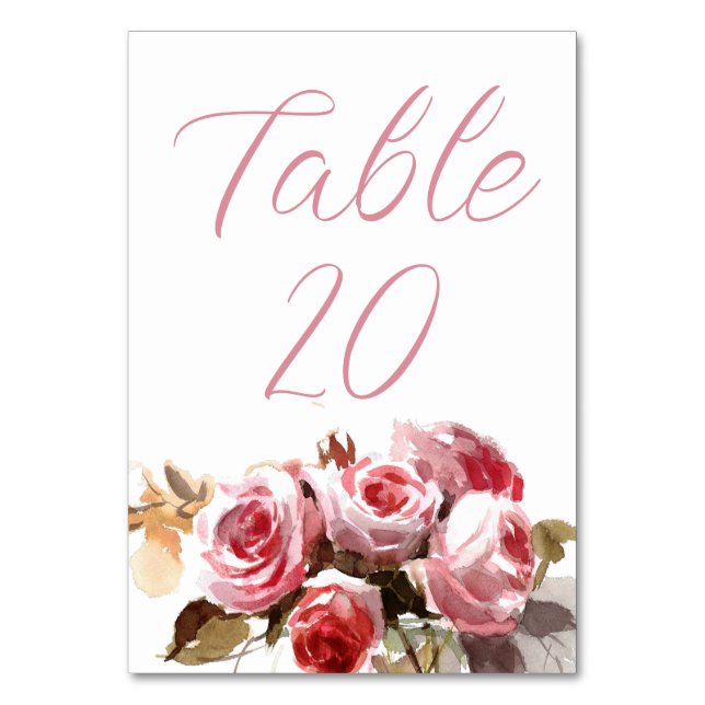 Antique Roses Watercolor Pink Wedding Reception Table Number (Front)