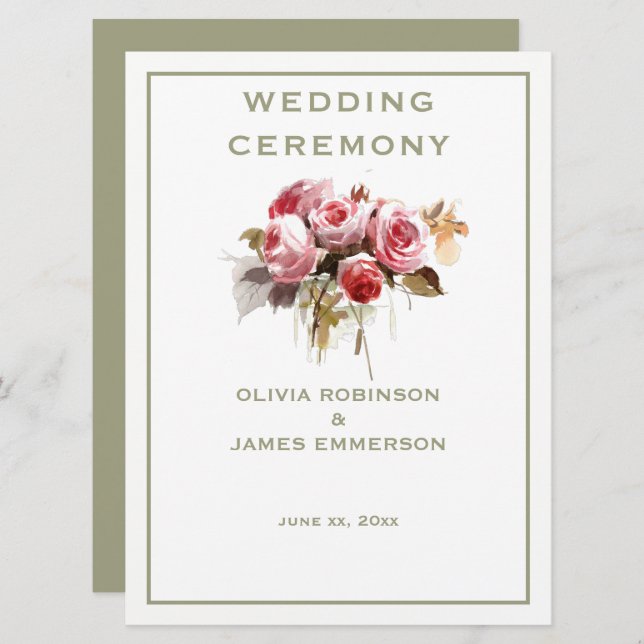 Antique Roses Watercolor Roses Ceremony Program Programme (Front/Back)