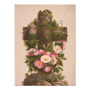 Antique Rustic Cross, Wild Roses, Easter Card, Photo Print